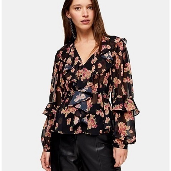 TOPSHOP FLORAL PRINT RUFFLE BLOUSE - Picture 1 of 10